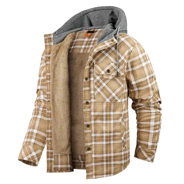 Details van het Meav heren overhemdjack: geruite stof, zachte capuchon en knoopsluiting, casual vest.