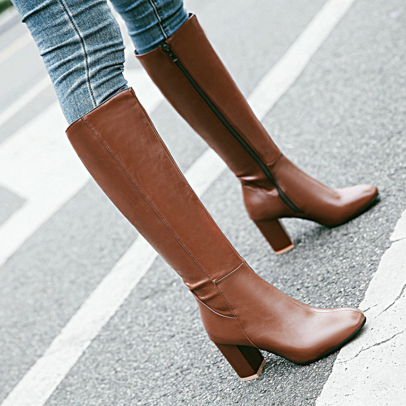 Mila ritslaarzen voor dames, elegante hoge laarzen met ritssluiting en stabiele hak, verkrijgbaar in beige, bruin, zwart.