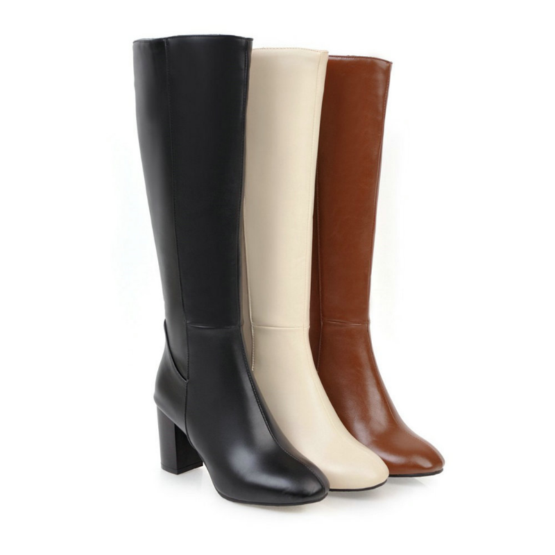 Mila ritslaarzen voor dames, elegante hoge laarzen met ritssluiting en stabiele hak, verkrijgbaar in beige, bruin, zwart.