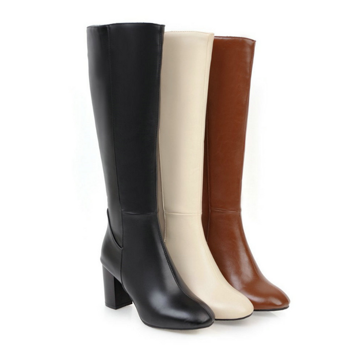 Mila ritslaarzen voor dames, elegante hoge laarzen met ritssluiting en stabiele hak, verkrijgbaar in beige, bruin, zwart.