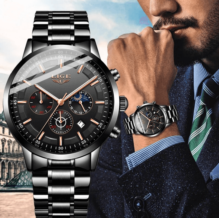 "Militair zwart stalen horloge, waterdicht, met roestvrijstalen band en krasbestendig glas, voor mannen."