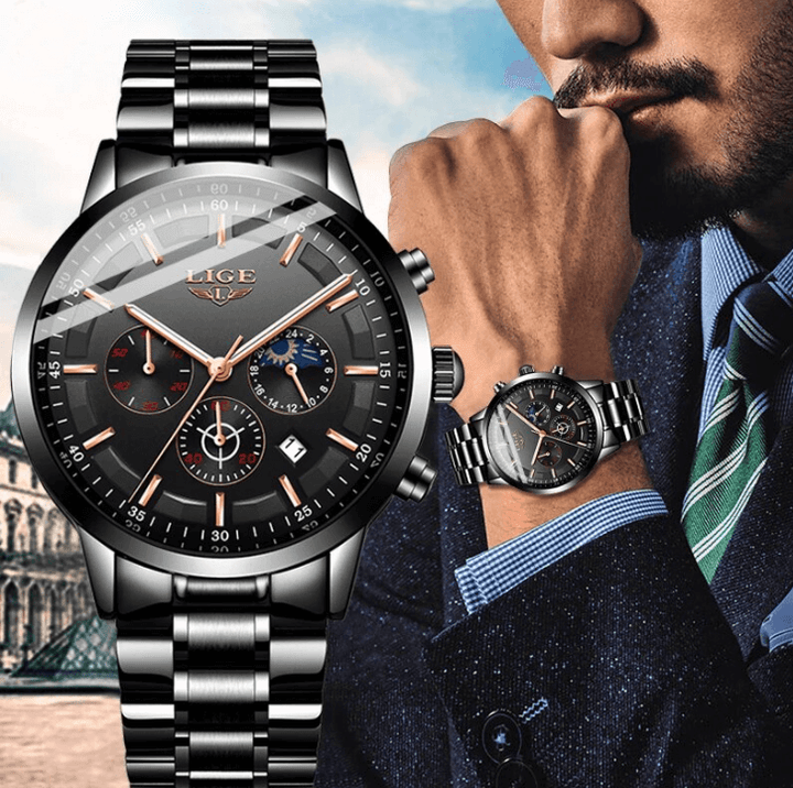 "Militair zwart stalen horloge, waterdicht, met roestvrijstalen band en krasbestendig glas, voor mannen."