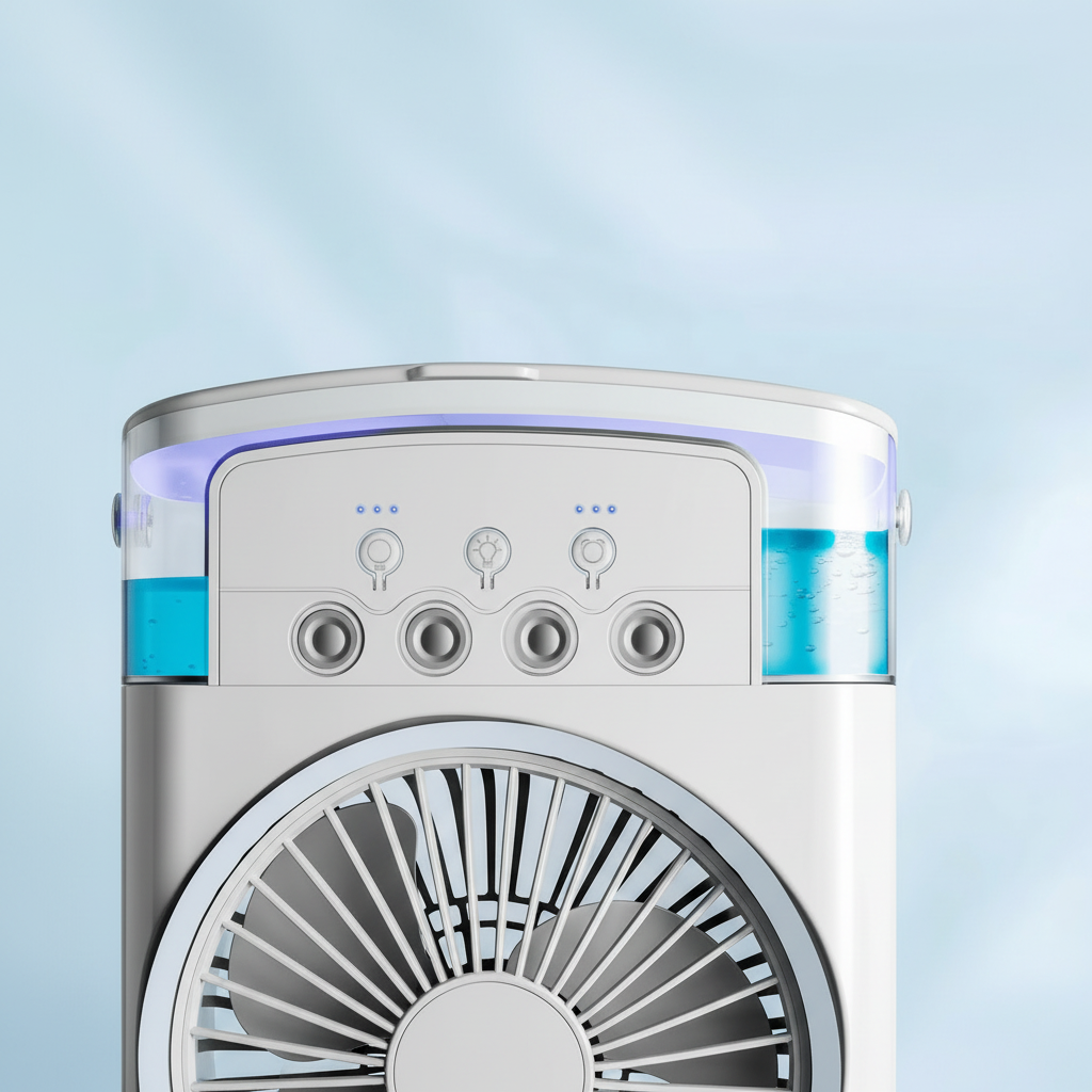 Witte draagbare mini koelventilator, essentieel voor comfortabele persoonlijke verkoeling overal.