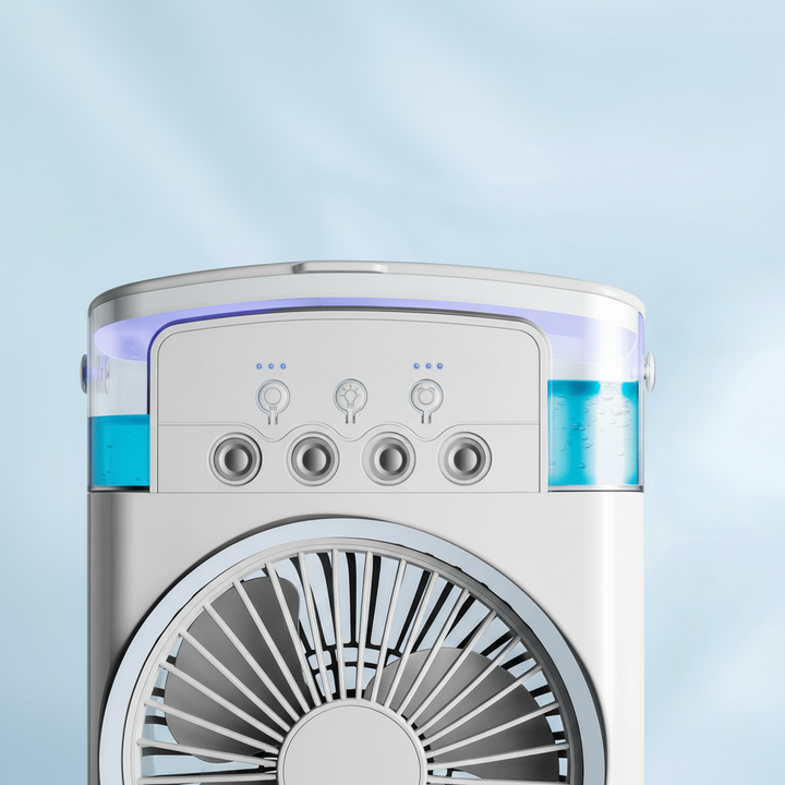 Witte draagbare mini koelventilator, essentieel voor comfortabele persoonlijke verkoeling overal.