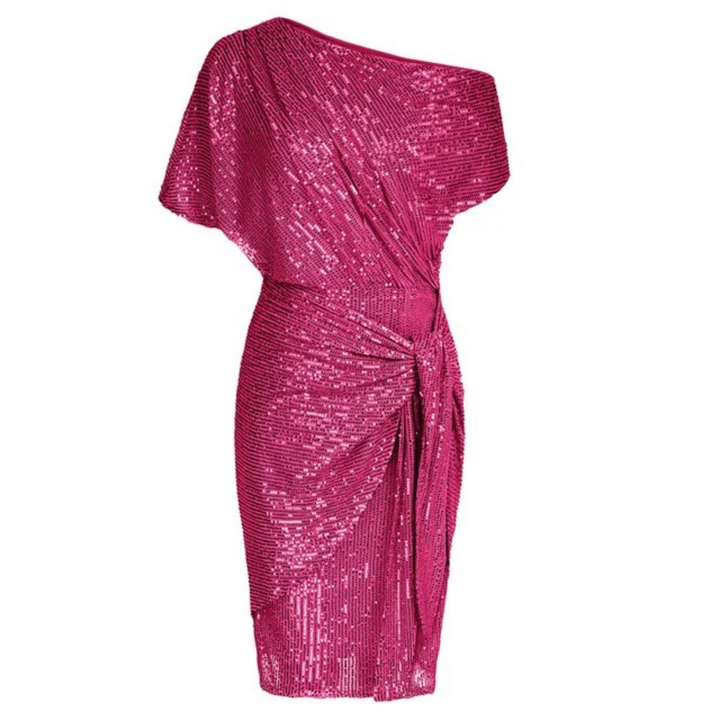 Sprankelende Lexi glitter jurk, chique midi feestjurk met betoverend paillettenpatroon.