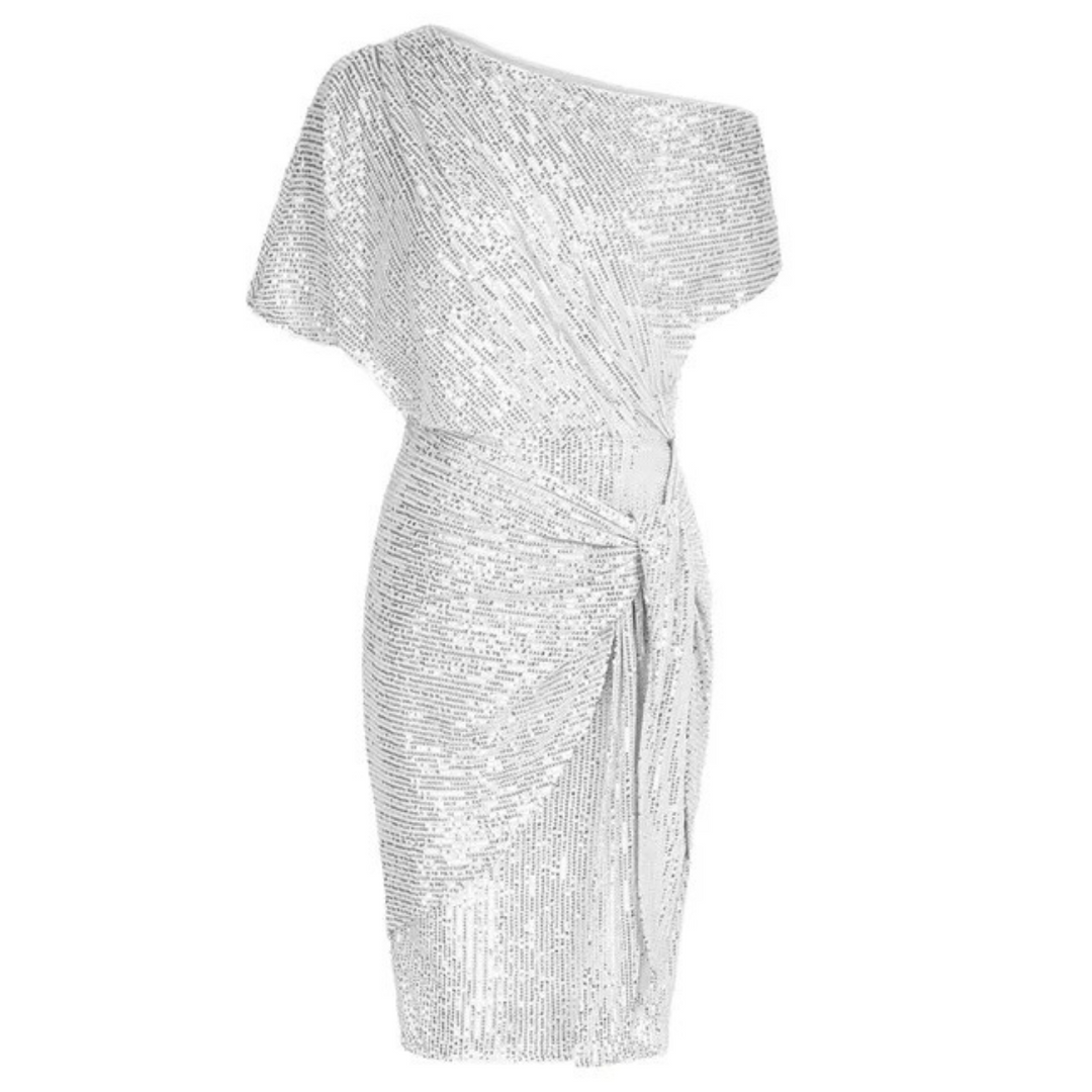 Volledig overzicht van de Lexi pailletten midi jurk, elegant en feestelijk met schitterende details.