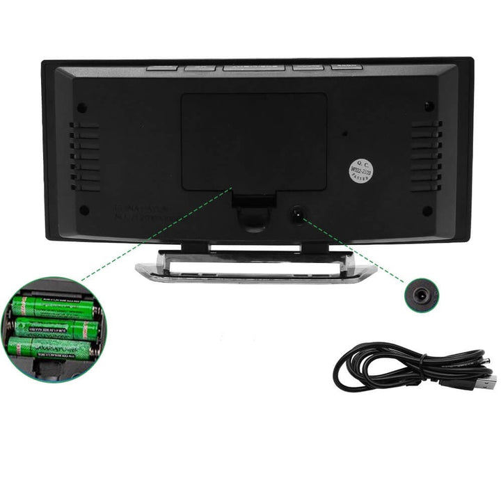 "Moderne gebogen LED wekker met helder display voor optimale zichtbaarheid in slaapkamer of werkplek"