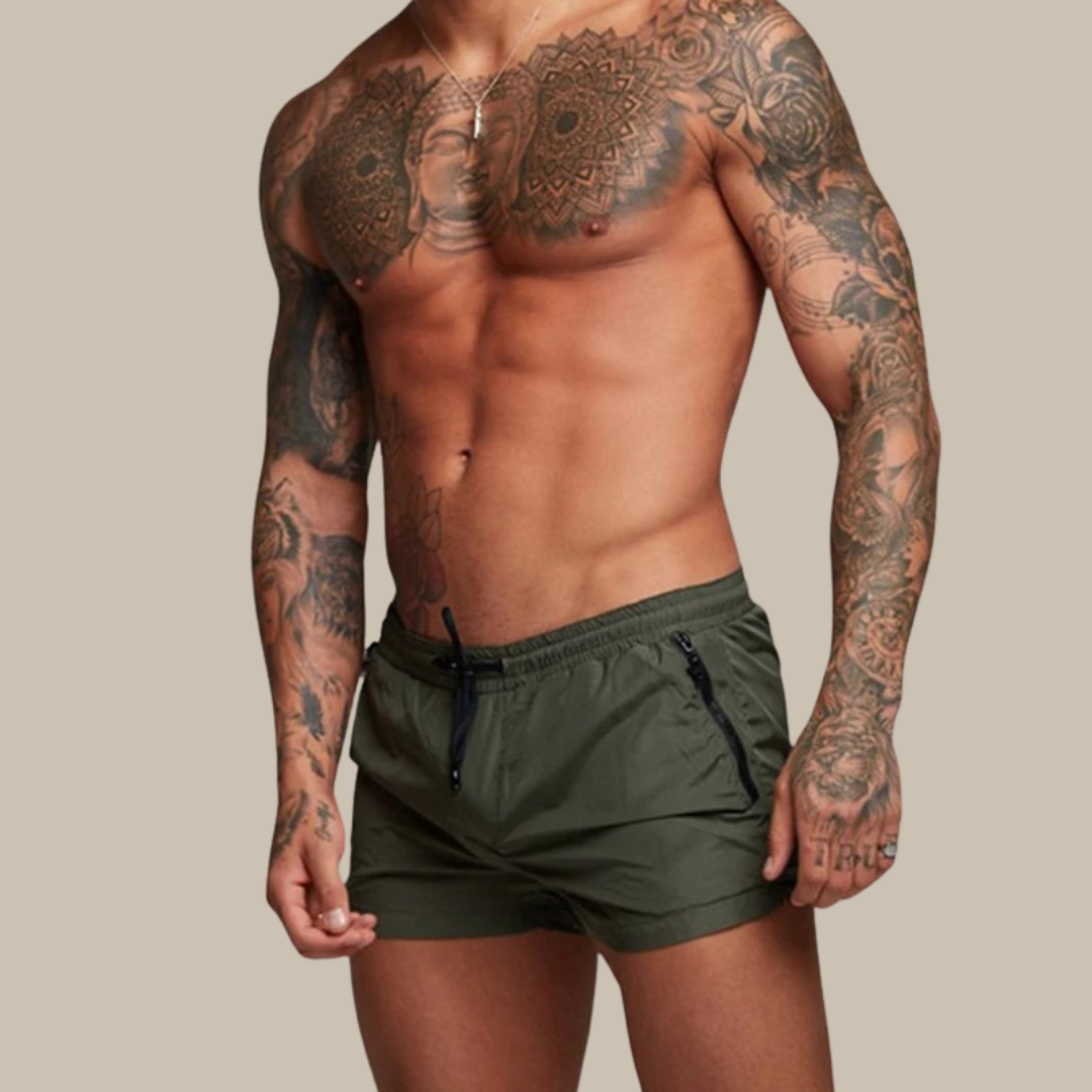 "Moderne heren zwemshort, blauw met een sneldrogende en stretchy stof, ideaal voor zowel strand als zwembad."