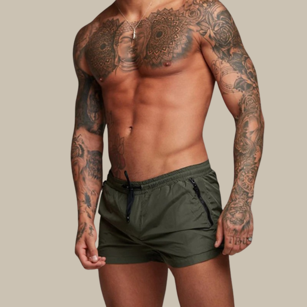 "Moderne heren zwemshort, blauw met een sneldrogende en stretchy stof, ideaal voor zowel strand als zwembad."