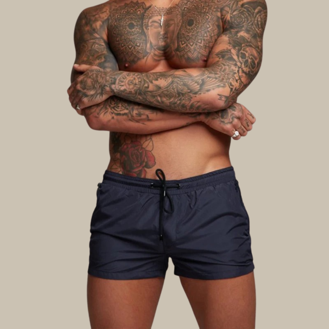 "Moderne heren zwemshort, blauw met een sneldrogende en stretchy stof, ideaal voor zowel strand als zwembad."