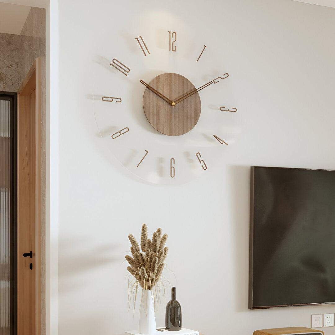 Moderne houten wandklok met stil uurwerk en minimalistisch design voor stijlvolle interieurdecoratie.