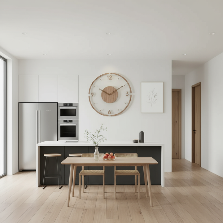 Elegante houten wandklok met een strak, modern en stil design, past perfect in elk interieur.