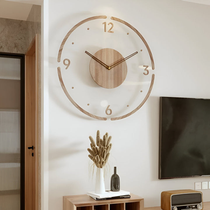 Houten wandklok in Scandinavische stijl, modern minimalistisch design, met geruisloos uurwerk.