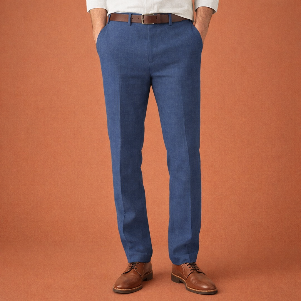 Detail van de modieuze slim fit herenbroek met ritssluiting, benadrukt het moderne ontwerp en comfort.