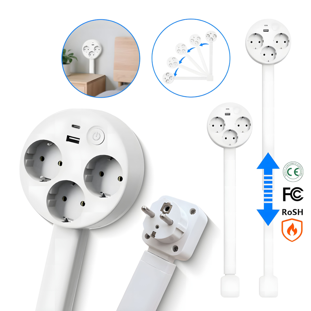 Uitschuifbare stopcontactdoos, ideaal voor kantoor of slaapkamer, met USB poorten voor efficiënt opladen.