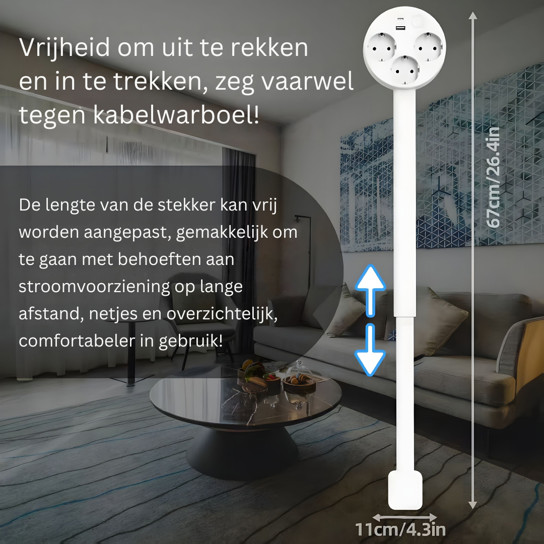 Uitschuifbare stopcontactdoos met modern design, voor slim wonen en het centraal opladen van al je apparaten.