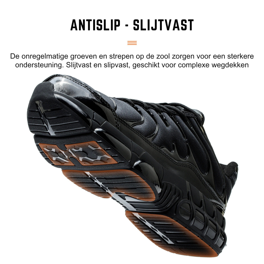 "Moderne veiligheidsschoenen met stalen neus, zwart ontwerp, ademend, antislip zool voor ultiem comfort en veiligheid."