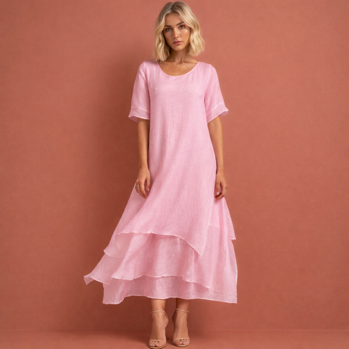 Elegante casual dames midi jurk met ronde hals en volantzoom, ook beschikbaar in plus size. Ideaal voor zomer.