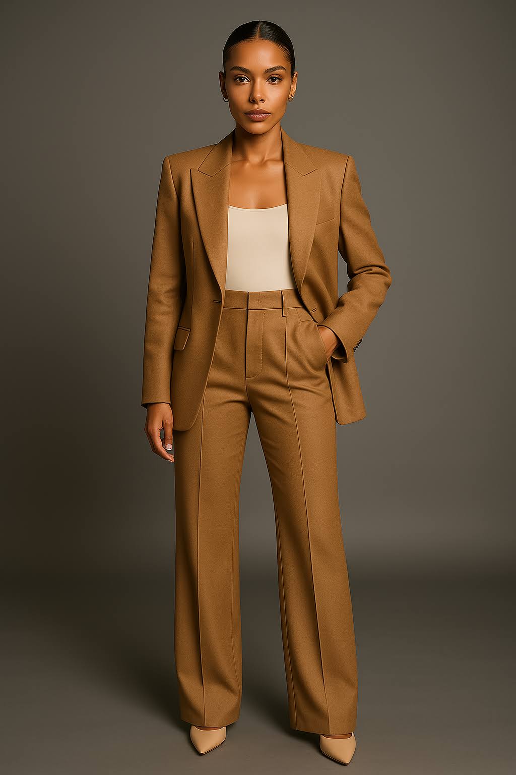 Zakelijke dames kostuumset: stijlvolle blazer en bijpassende pantalon voor een professionele uitstraling.