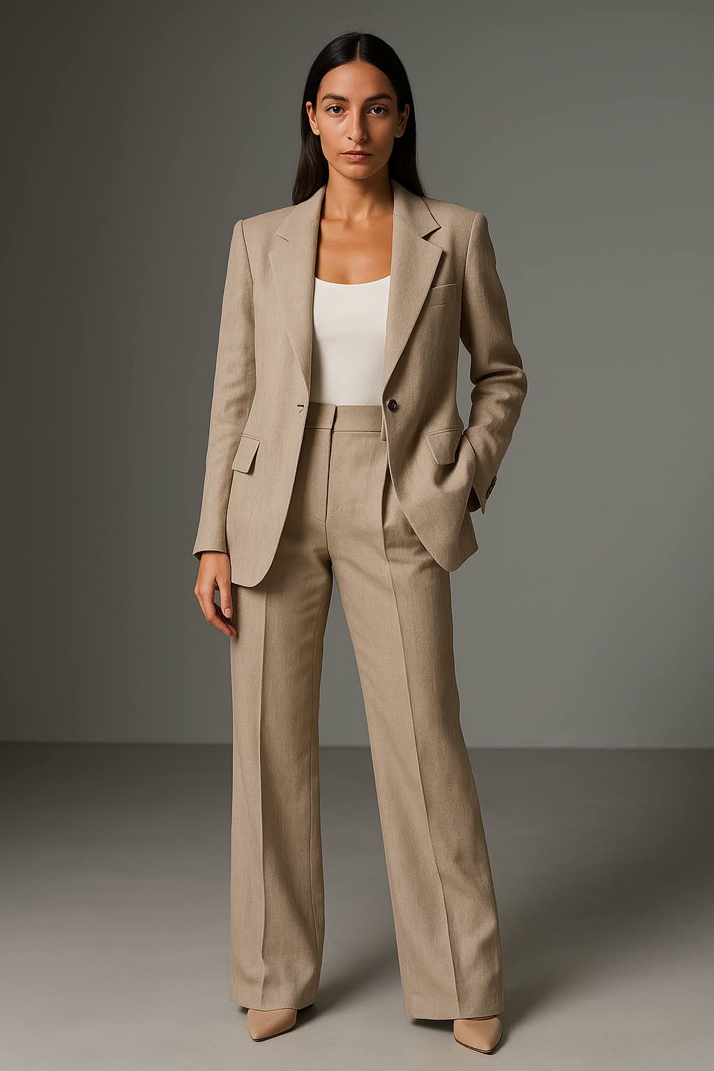 Comfortabele lente/zomer tweedelige dameskledingset met een chique blazer en soepele pantalon.