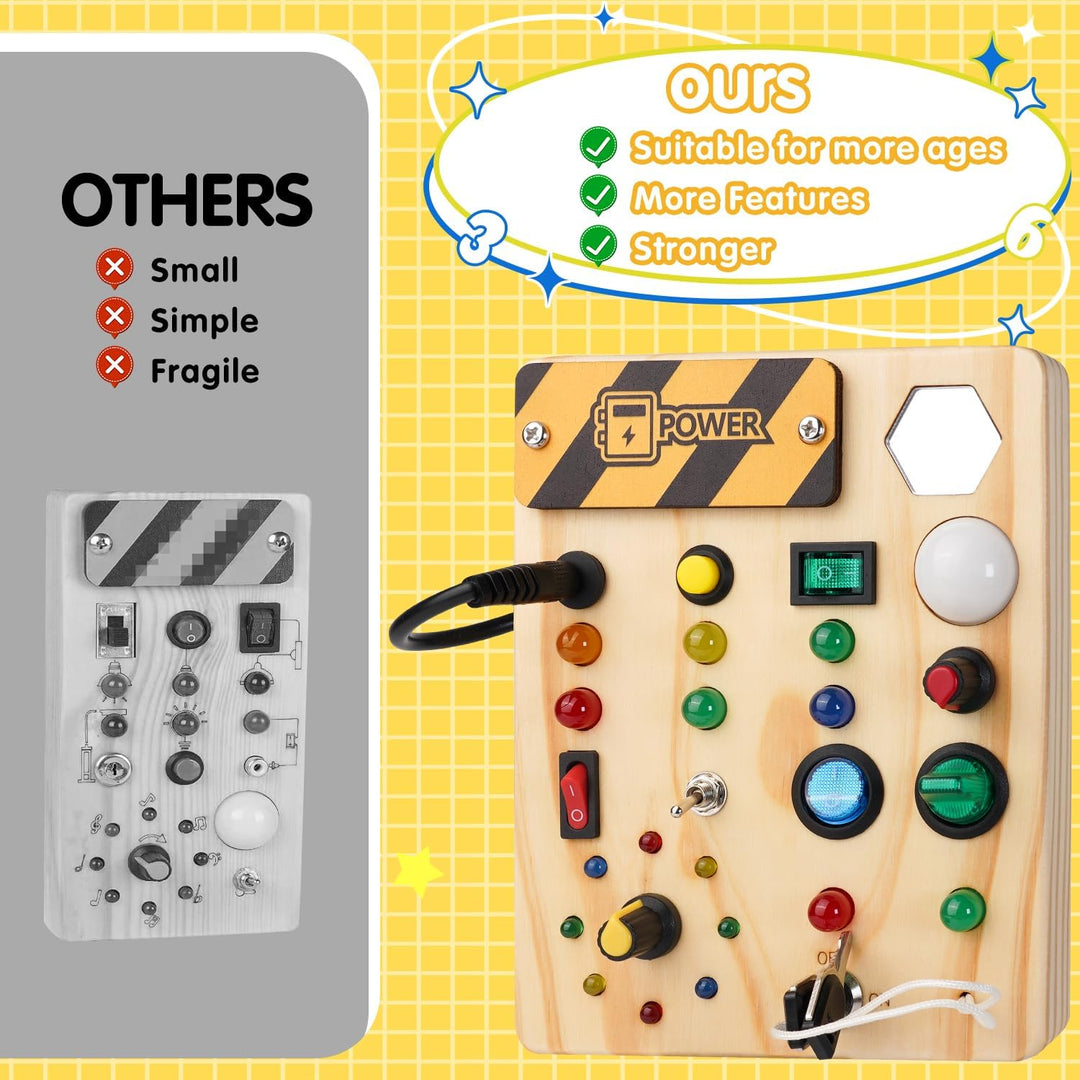 Montessori prikbord met LED lichtjes voor peuters. Bevordert fijne motoriek, concentratie en zintuiglijke ontwikkeling. Cadeau.
