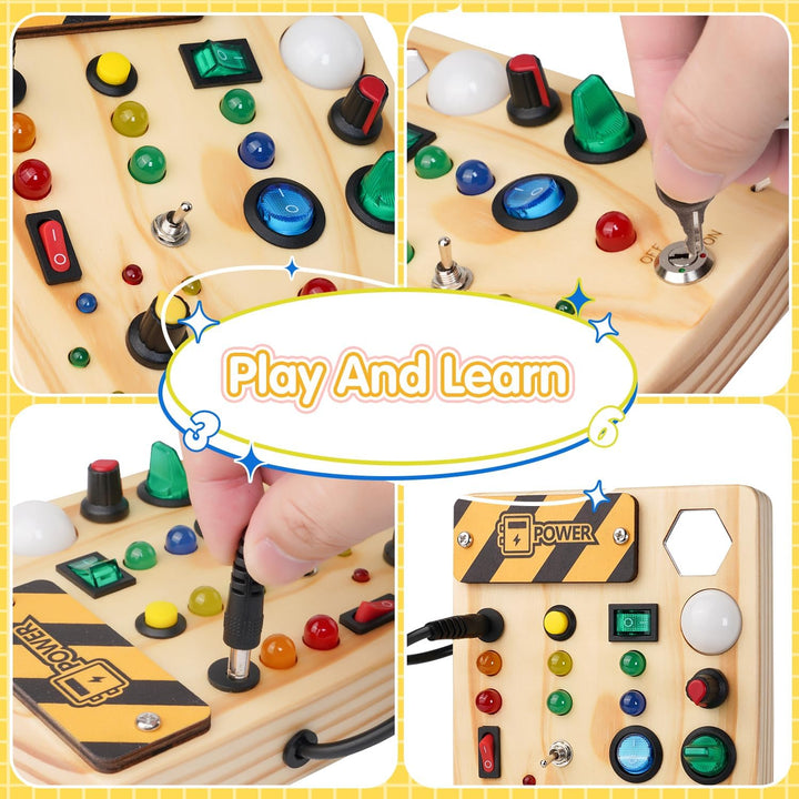 Peuter speelt met Montessori prikbord met LED lichtjes, stimuleert hand-oog coördinatie en creativiteit. Ontwikkelingsspeelgoed.