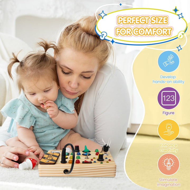 Montessori prikbord met geïntegreerde LED lichtjes, perfect educatief speelgoed voor de zintuiglijke ontwikkeling van peuters.