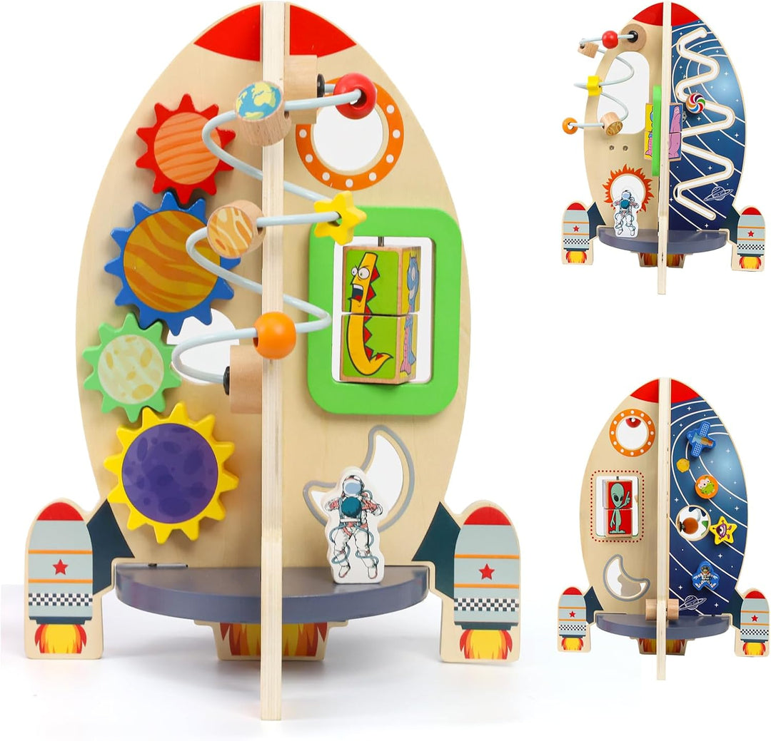 "Montessori ruimteraket activiteitenkubus, kleurrijk hout, met kralenlabyrint, vormpjespuzzel en tandwielen voor 1+ jaar"