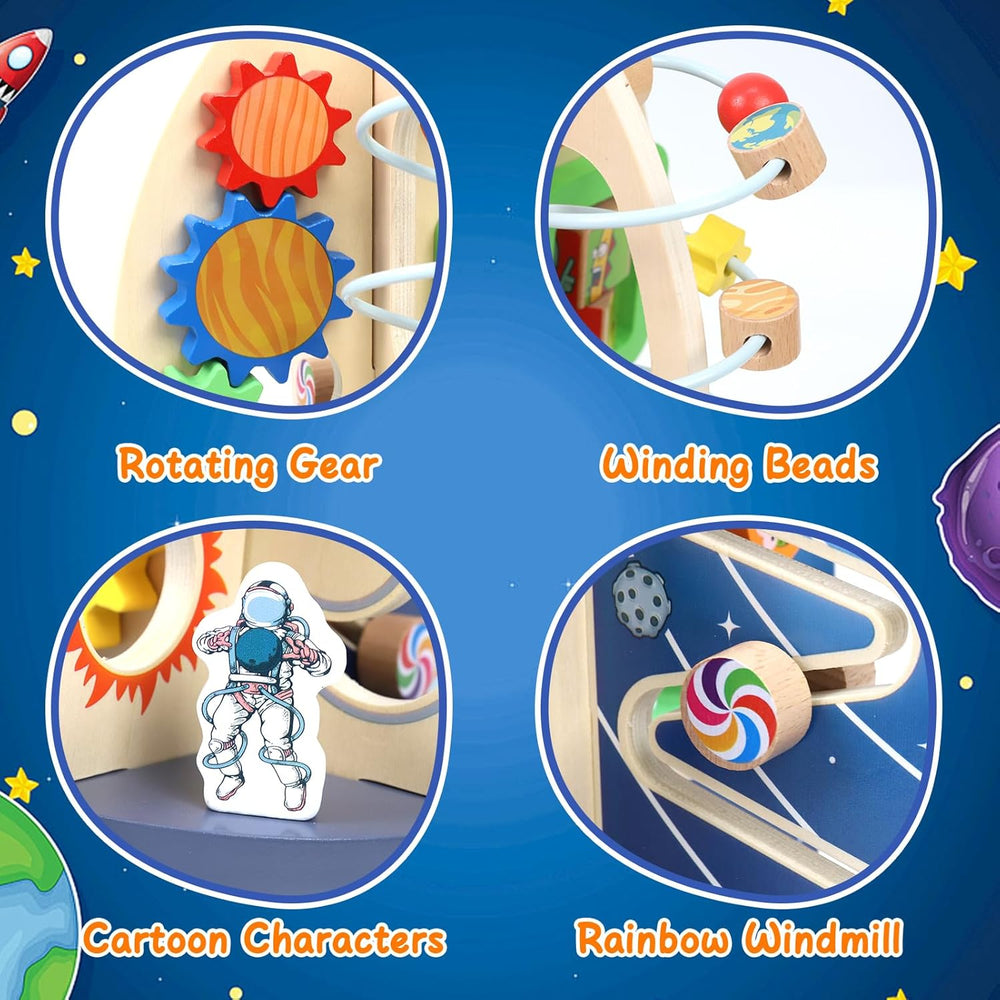 "Montessori ruimteraket activiteitenkubus, kleurrijk hout, met kralenlabyrint, vormpjespuzzel en tandwielen voor 1+ jaar"