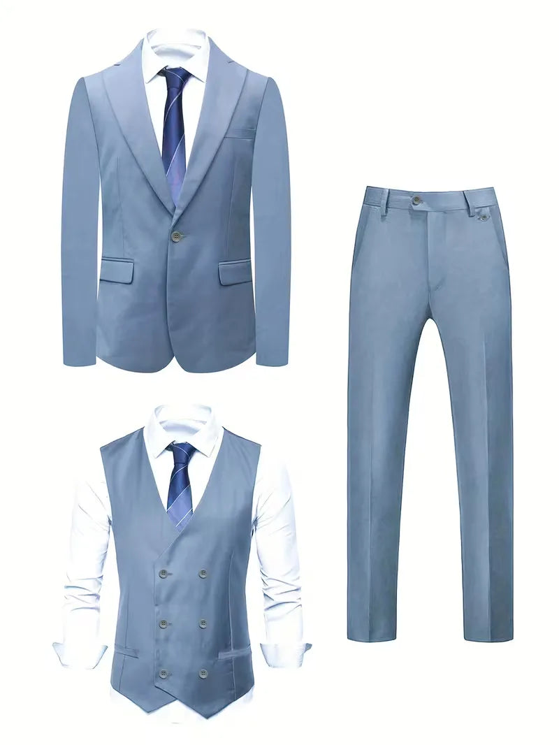 Stijlvol slimfit herenpak met colbert, vest en broek. Perfect voor een verfijnde zakelijke look.