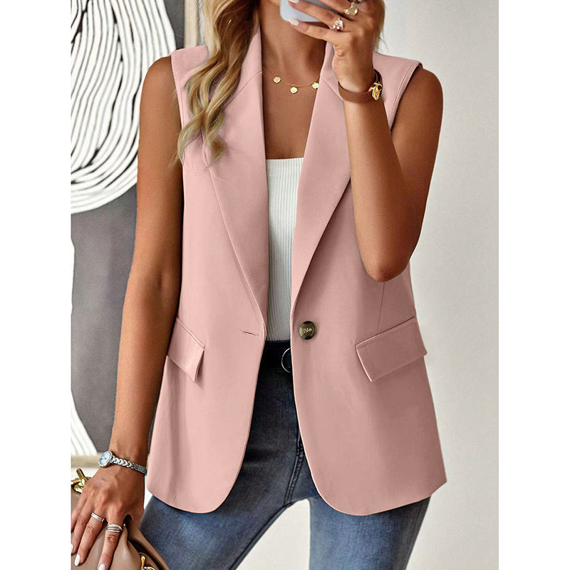 "Mouwloze blazer open voorzijde, vrouwelijke pasvorm, ademend, veelzijdig en stijlvol in een mix van polyester en viscose."