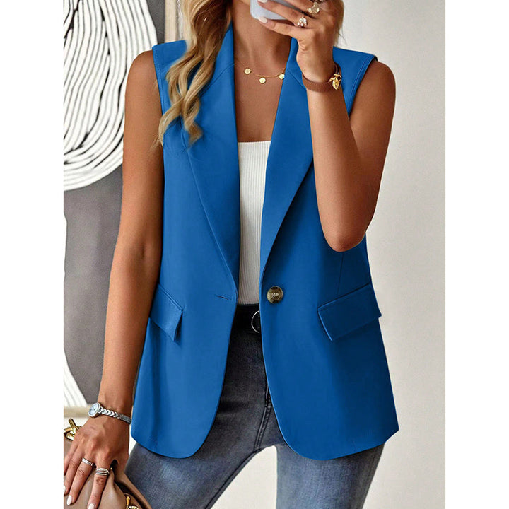 "Mouwloze blazer open voorzijde, vrouwelijke pasvorm, ademend, veelzijdig en stijlvol in een mix van polyester en viscose."