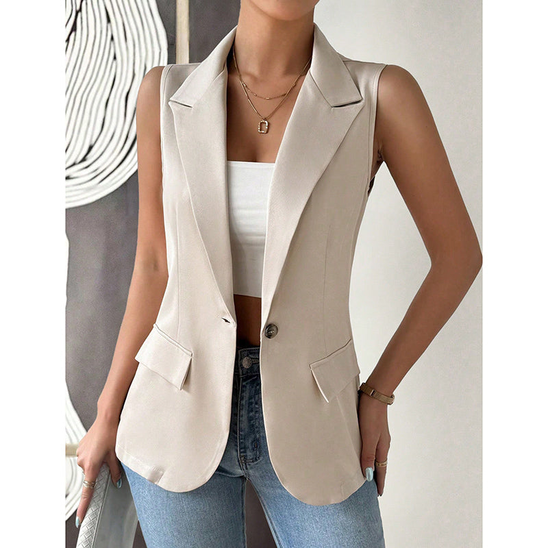 "Mouwloze blazer open voorzijde, vrouwelijke pasvorm, ademend, veelzijdig en stijlvol in een mix van polyester en viscose."
