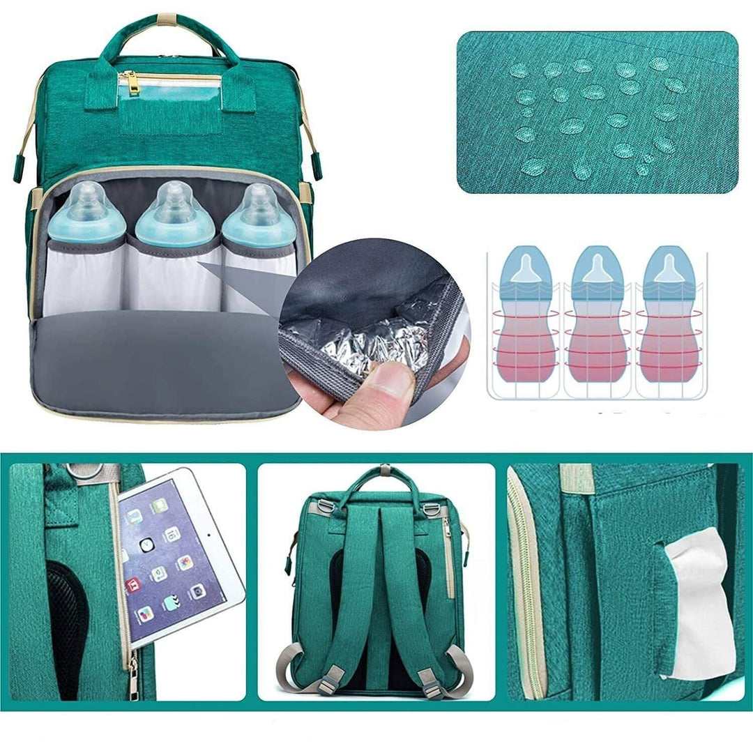 Luxe baby luiertas rugzak met opvouwbaar reisbedje; perfect voor georganiseerde moeders en vaders.