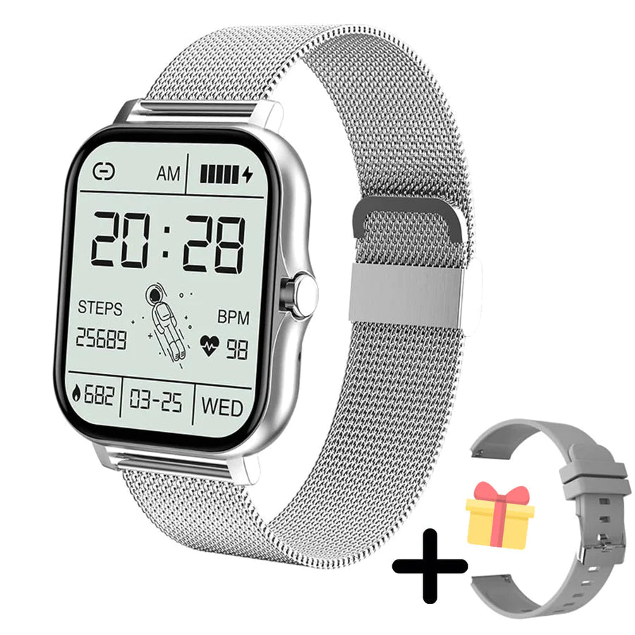 "Multifunctionele smartwatch met gezondheidsmonitor, stijlvol design; waterdicht en compatibel met iOS en Android."