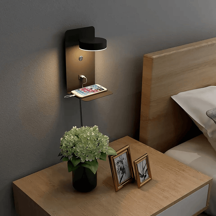 Nachtlamp met USB-lader, 330° draaibaar en dimmer, modern design, zwart-wit, 12W ideaal voor slaapkamer en woonkamer.