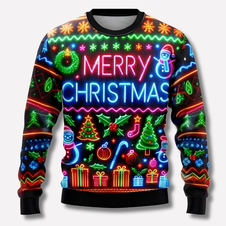 Neon unisex kersttrui met speelse rendier- en sneeuwvlokprint, ideaal voor feestelijke winterkleding.