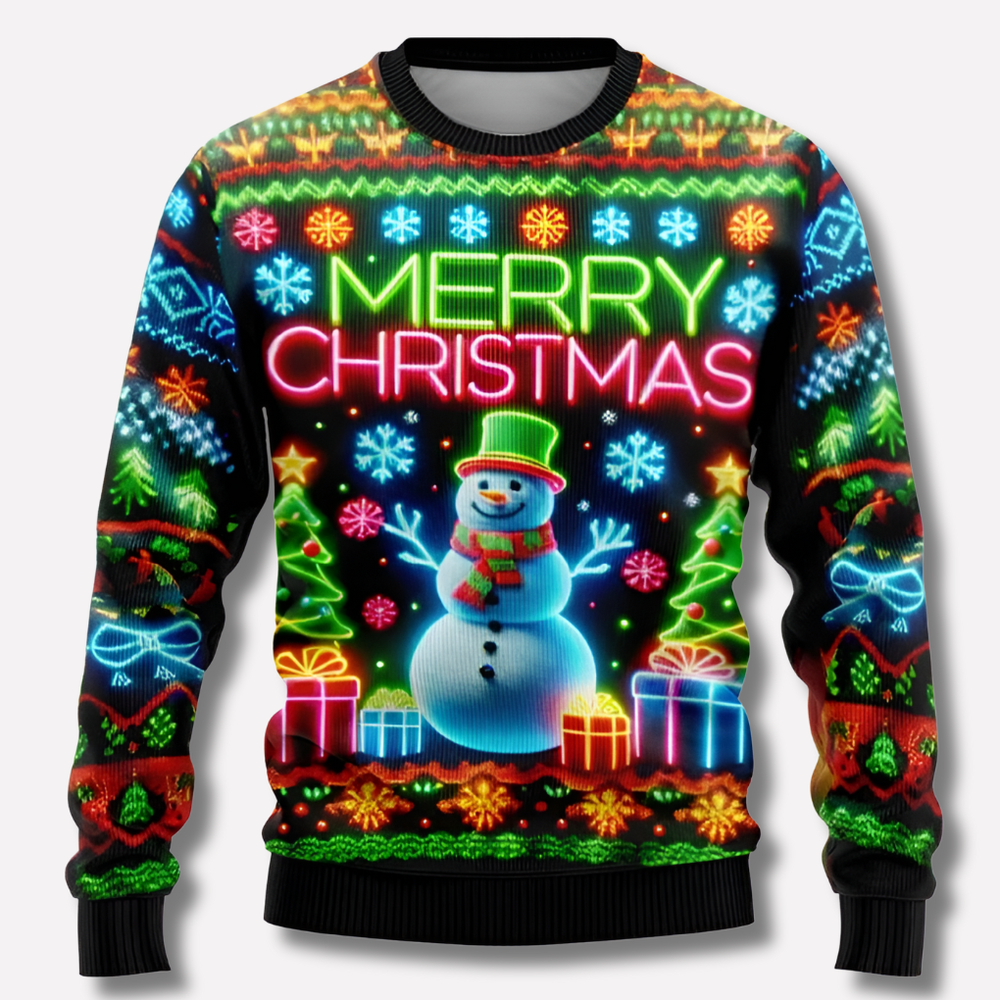 Comfortabele neon gebreide unisex kersttrui met feestelijke patronen, perfect voor de feestdagen.