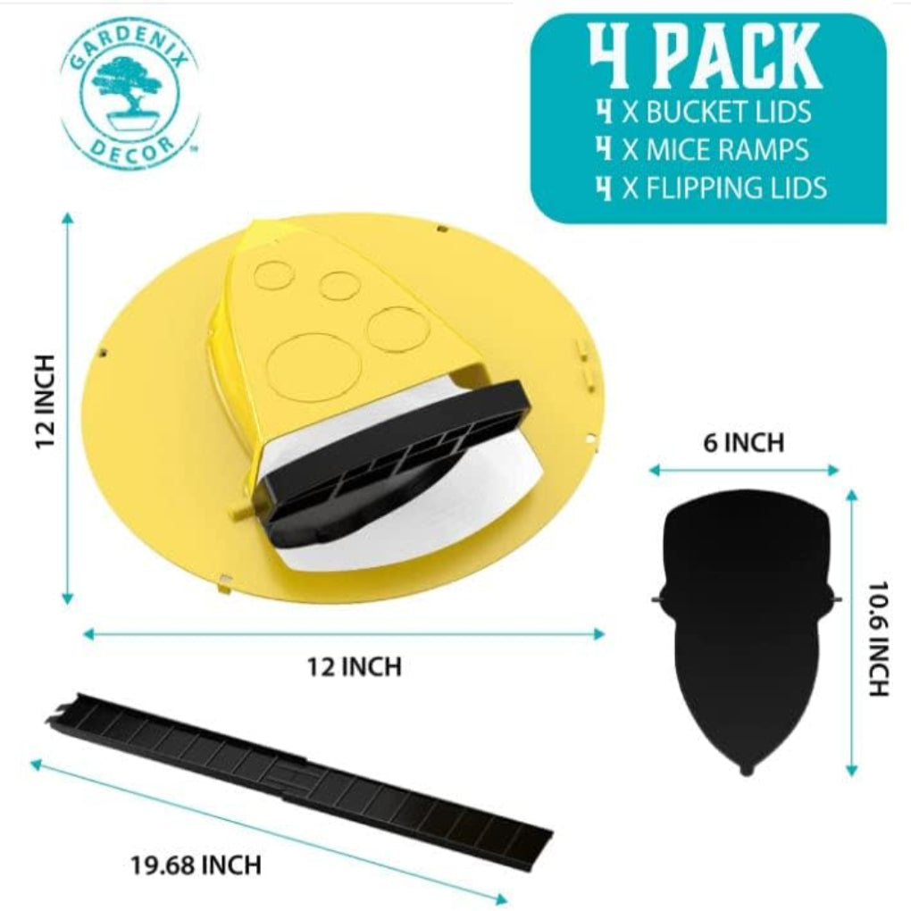 "Niet-giftige muizenval emmerdeksel, 4-pack, duurzaam plastic, past op standaard emmer voor veilige ongediertebestrijding."