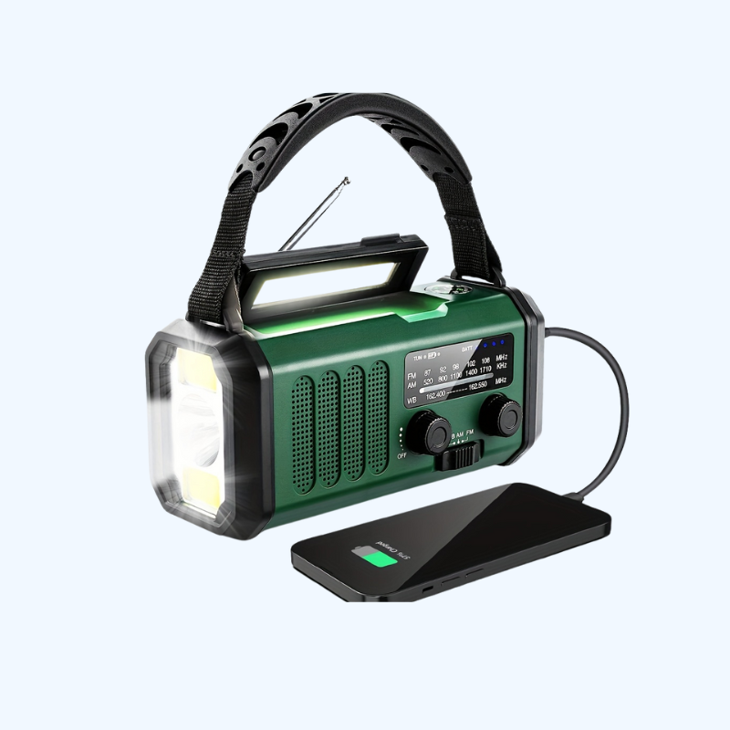 "Noodradio met 10000mAh batterij, zonnepaneel, handdynamo, AM/FM-radio, SOS-alarm en zaklamp, in compact design"