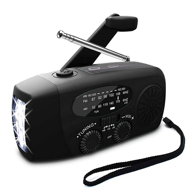 Zelfaangedreven noodradio met handopwinder en zonnepaneel, inclusief ingebouwde powerbank voor telefoon.