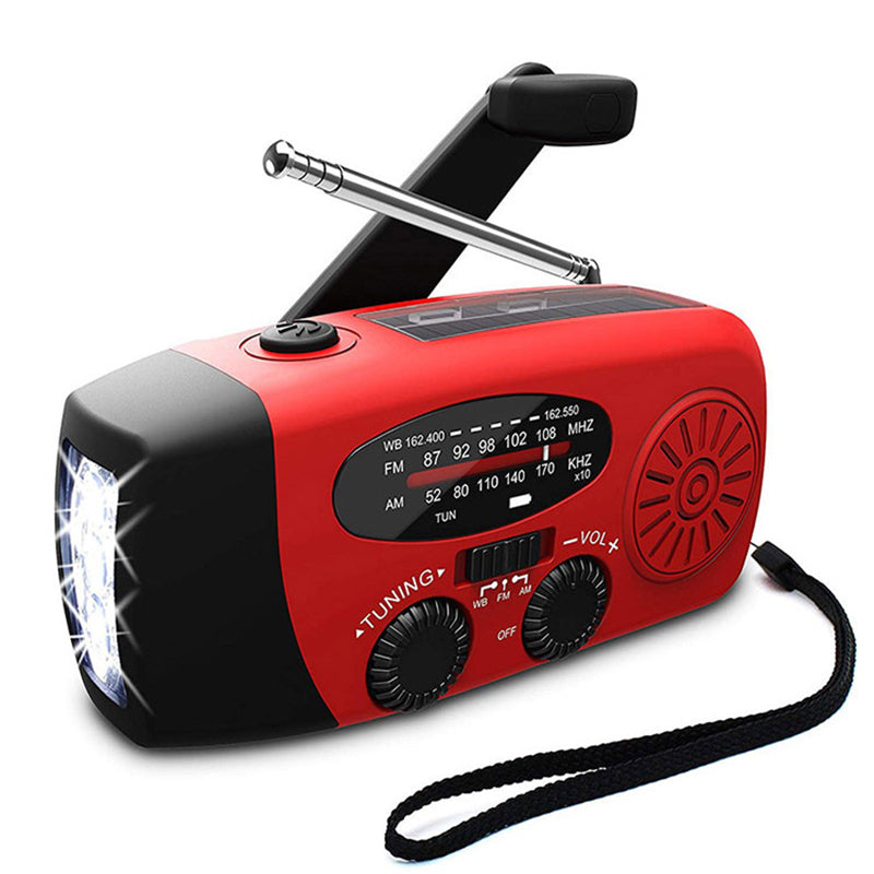 Essentiële noodradio voor rampenparaatheid met FM/AM radio, zaklamp en mobiele oplader.
