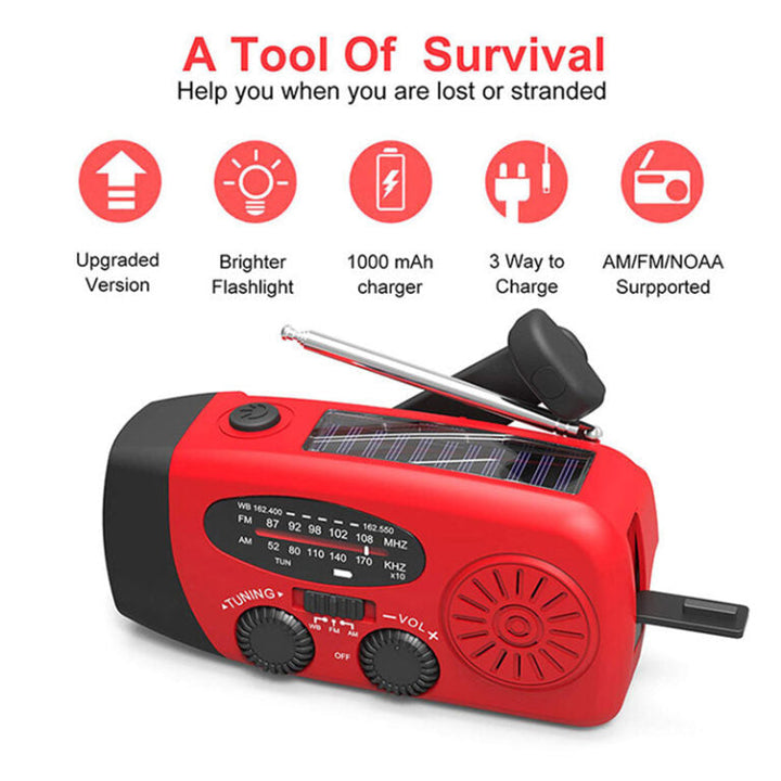 Betrouwbare noodradio met heldere LED zaklamp en duidelijke FM/AM ontvangst voor informatie.