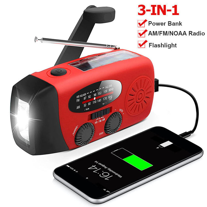 Complete survival noodradio: luister FM/AM, laad apparaten op, gebruik als zaklamp. Voor elk avontuur.