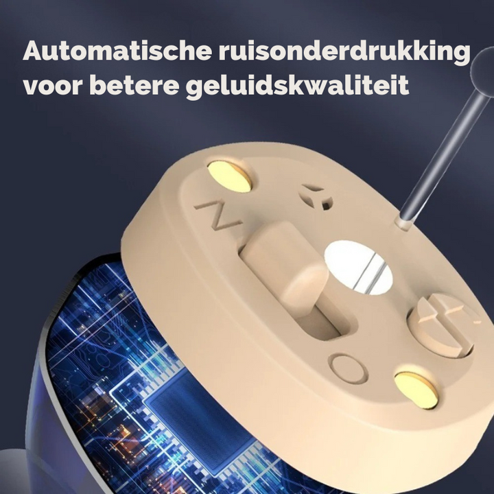 Compact oplaadbaar in-ear gehoorapparaat, nauwelijks zichtbaar voor discreet gehoorhulpmiddel.