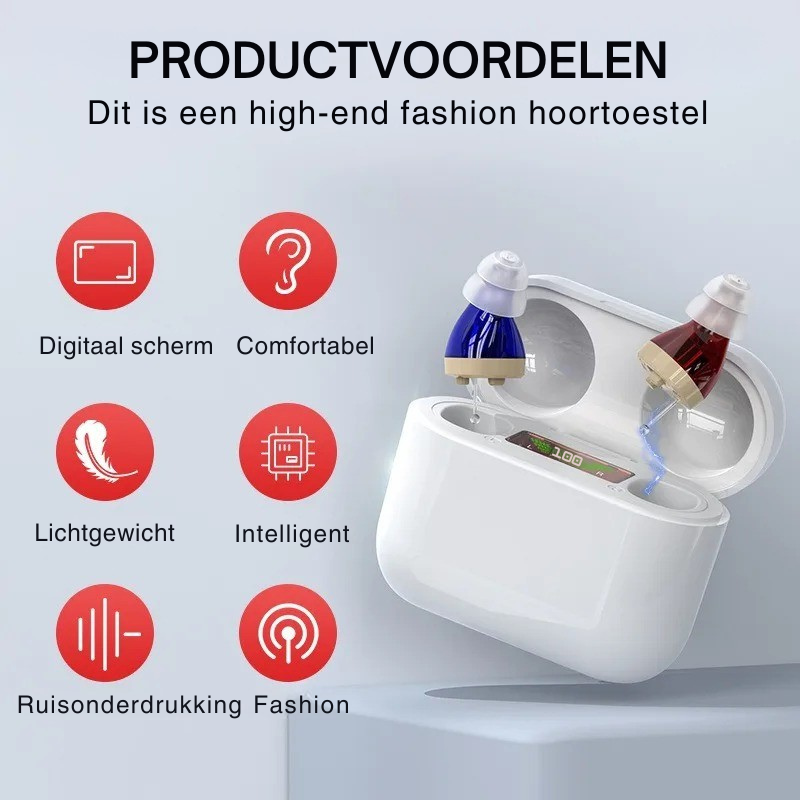 Detailopname van een discreet in-ear hoortoestel, perfect passend voor optimaal gehoorcomfort.