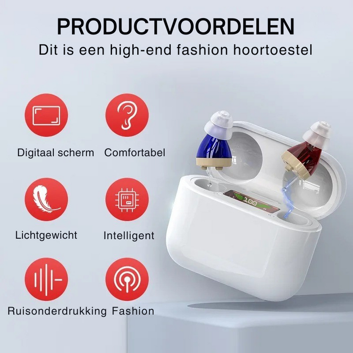 Detailopname van een discreet in-ear hoortoestel, perfect passend voor optimaal gehoorcomfort.