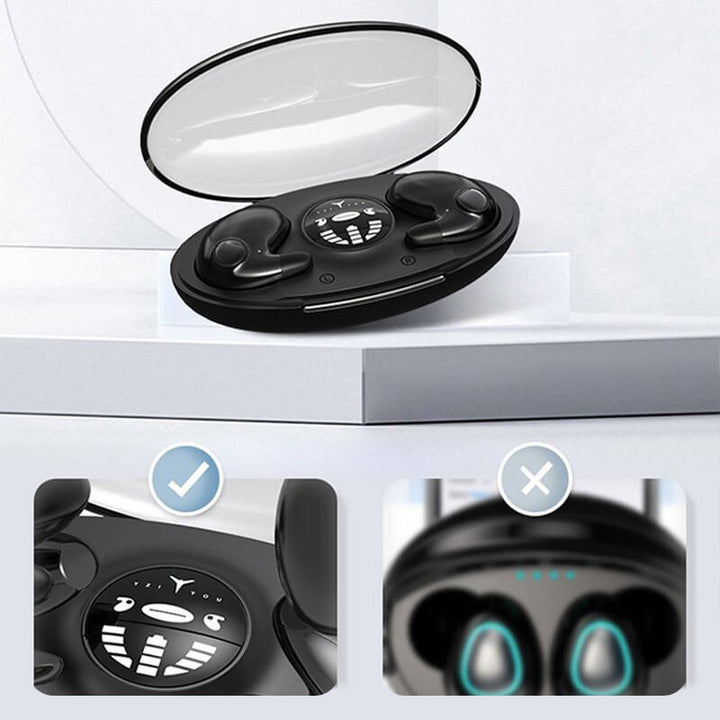 Compacte draadloze slaapoordopjes met Bluetooth, IPX5 waterdichtheid en passieve ruisonderdrukking.