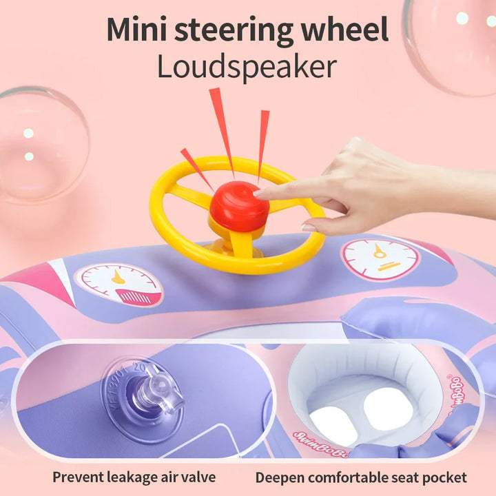 "Opblaasbare baby zwemring met zonnescherm, blauwe kleur, ergonomisch design, geschikt voor veilig en comfortabel zwemmen."