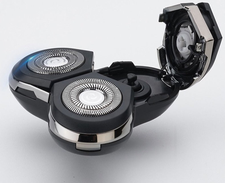 "Oplaadbaar scheerapparaat, nat & droog gebruik, waterdicht, flexibele koppen, persoonlijke verzorging, zwart en metalen ontw